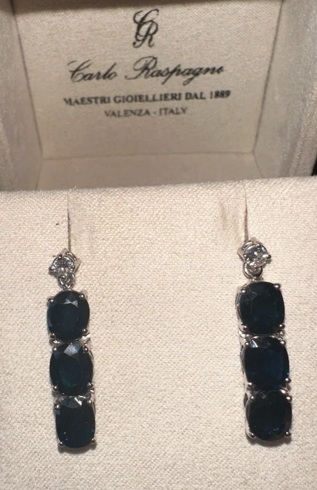 PAIO ORECCHINI PENDENTI ORO 18kt. CON DIAMANTI E ZAFFIRI NATURALI ct 7,56 - Immagine 3 di 4