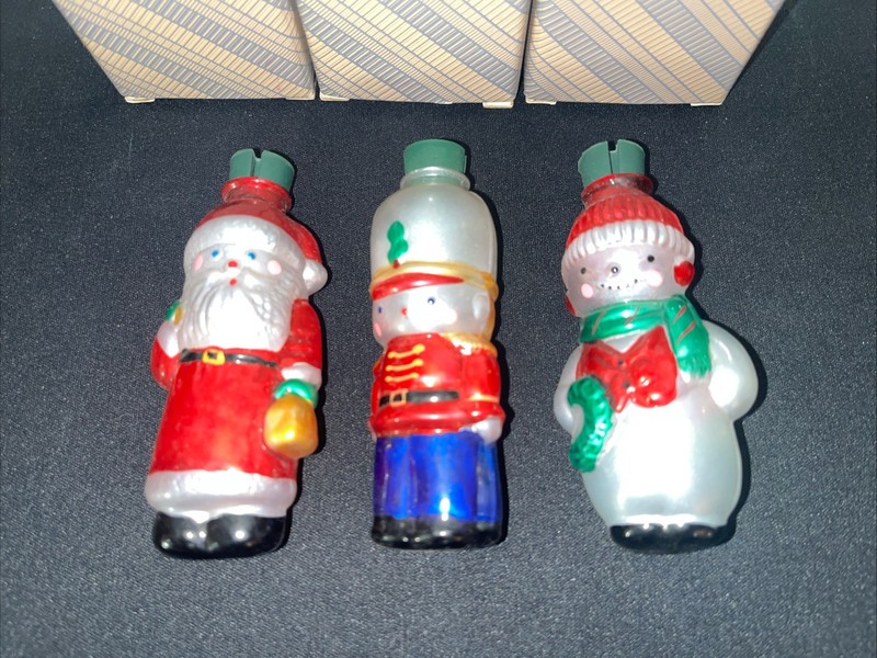 3 Vintage Avon Glass Light Cover Santa, Snowman and Soldier 3-1/2” Tall w/ Boxes