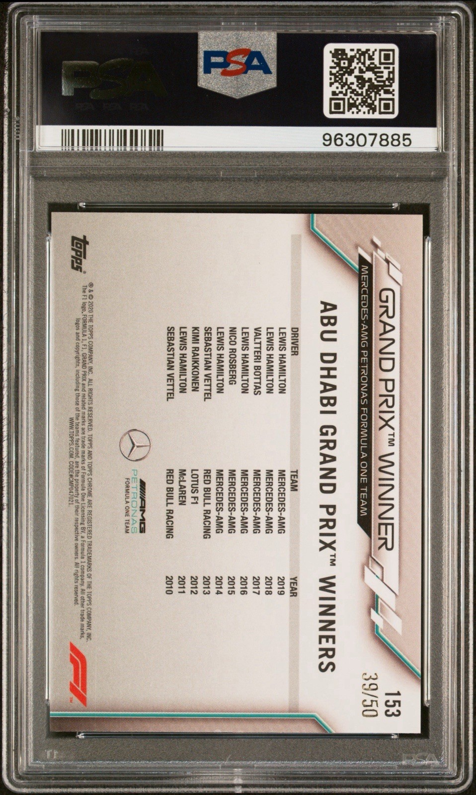 Lewis Hamilton 2020 Topps Chrome F1 Sapphire Gold /50 PSA 9 #153 Top Grade RC view 3