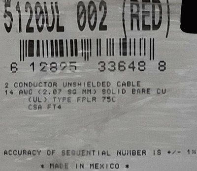 Belden Wire 5120UL 14/2C Solid Riser Security/Fire Alarm Cable FPLR Red /100ft