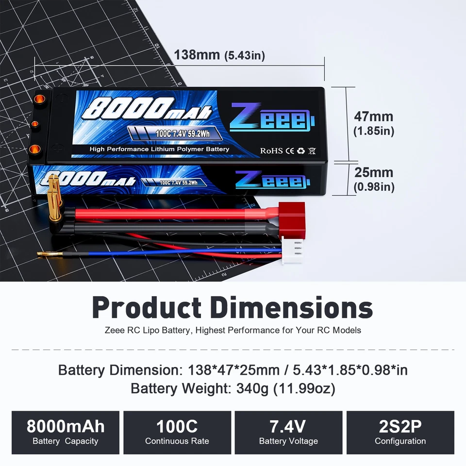 2x Zeee 2S Lipo Akku 7,4V 8000mAh 100C 4mm Bullet to T lipo für RC Auto Flugzeug - Bild 3 von 4