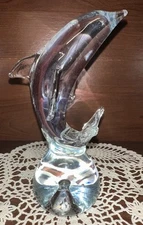 Art Glass Hand Blown Dolphin Clear Paperweight Figurine-Blue Hue