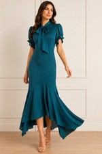 Eliza J Teal Midi Dress With Tie Neck And Puff Short Sleeves Size 6 Satin NWT