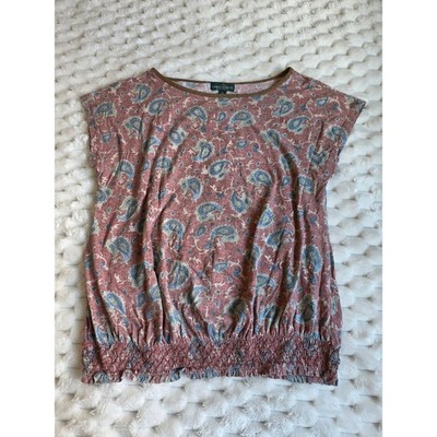 Lauren Ralph Lauren Paisley Smocked Hem Top Red Blue Faux Suede Trim Medium