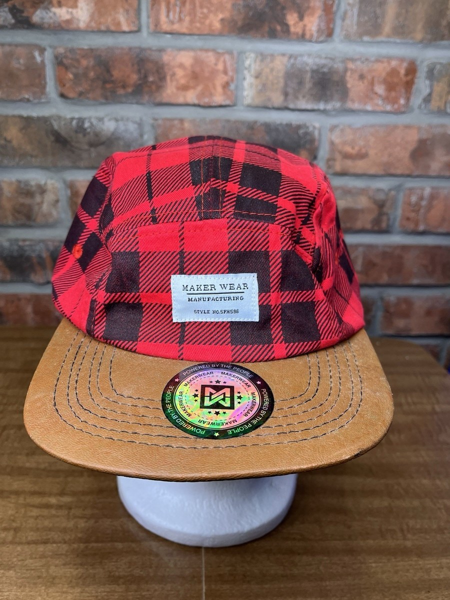 5 Panel Makerware Red Plaid Flannel Leather Bill Buckle Strapback