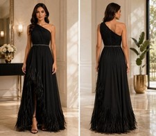 Mac Duggal Black Feather Trim One Shoulder Beaded Side Slit Dress Size 2 $598