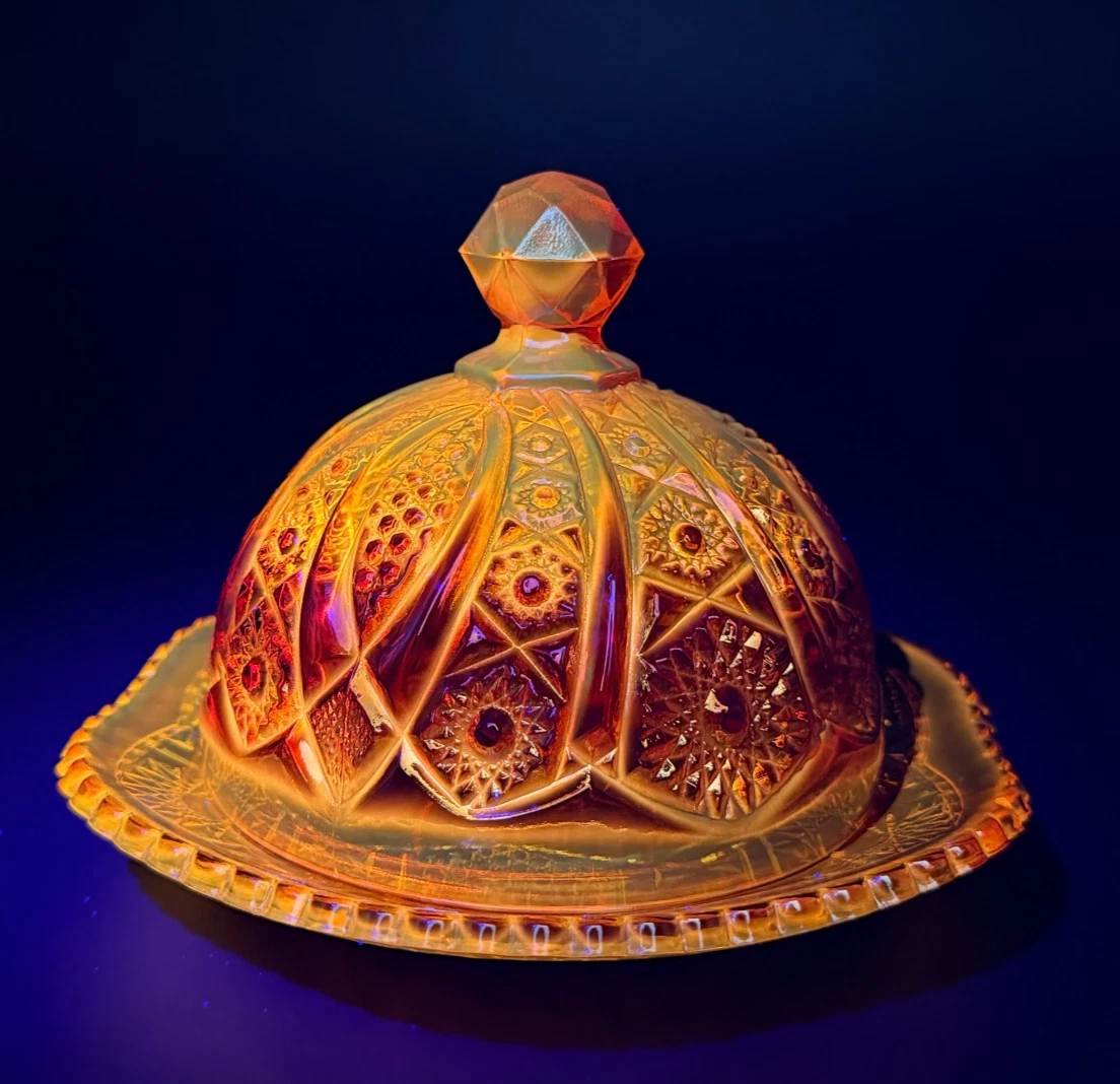 Vintage Indiana Glass Heirloom Sunset Amberina Carnival Butter Dish Cadmium Glow