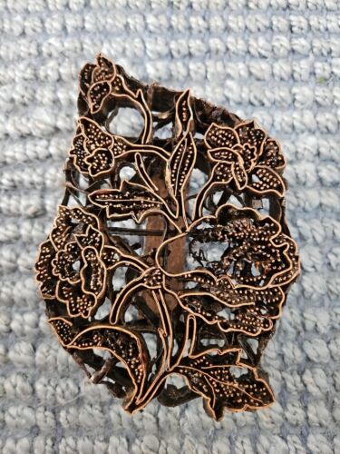 VINTAGE INDONESIAN TJAP COPPER BATIK FABRIC STAMP FLOWER