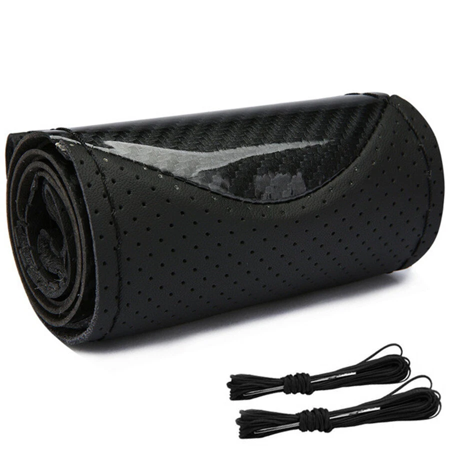 Car Hand Sew Steering Wheel Cover Carbon Fiber Leather Cover W/Needles Thread - Image 3 of 4