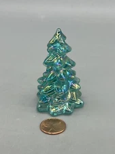 Christmas Holiday Tree 2.75” Teal Carnival Glass By Mosser