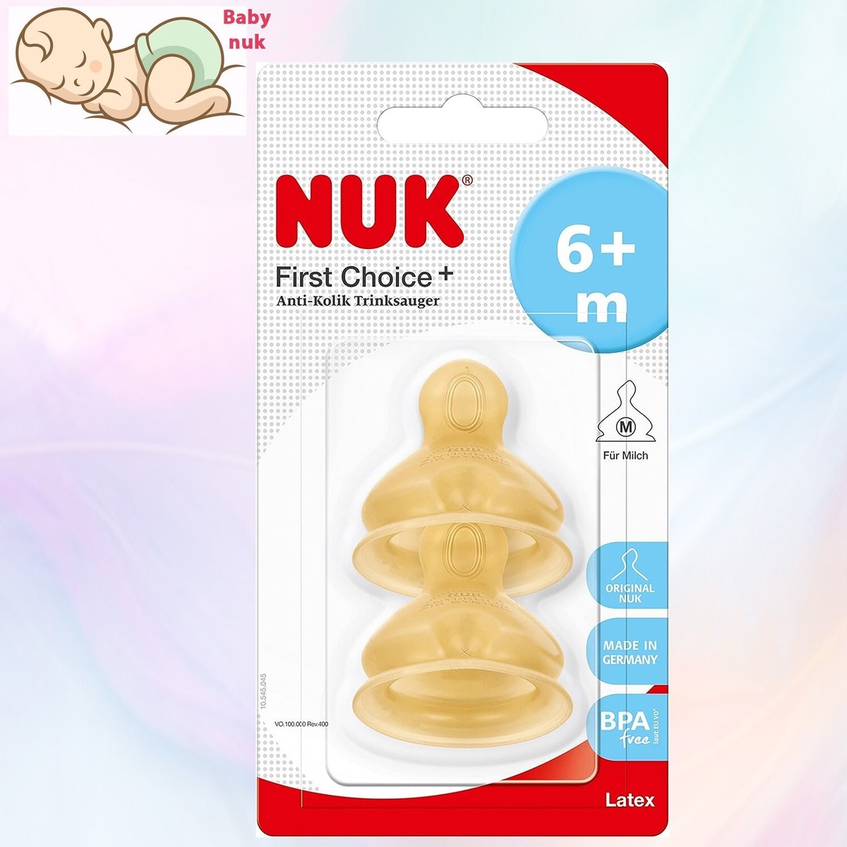 X NUK First Choice Latex Teats Medium Hole 6m Anti Colic for