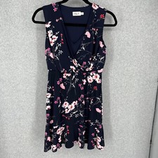 Eliza J Floral Faux Wrap Knee Length Dress Size 10 Navy Blue Ruffle Casual
