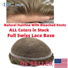 Mens Toupee Full Swiss Lace Hairpiece Bleached All Color Hair Replacement System