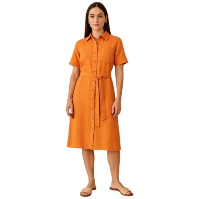 PEOPLE TREE Leanora 100% linen midi button front shirt dress in orange size  6 | eBay