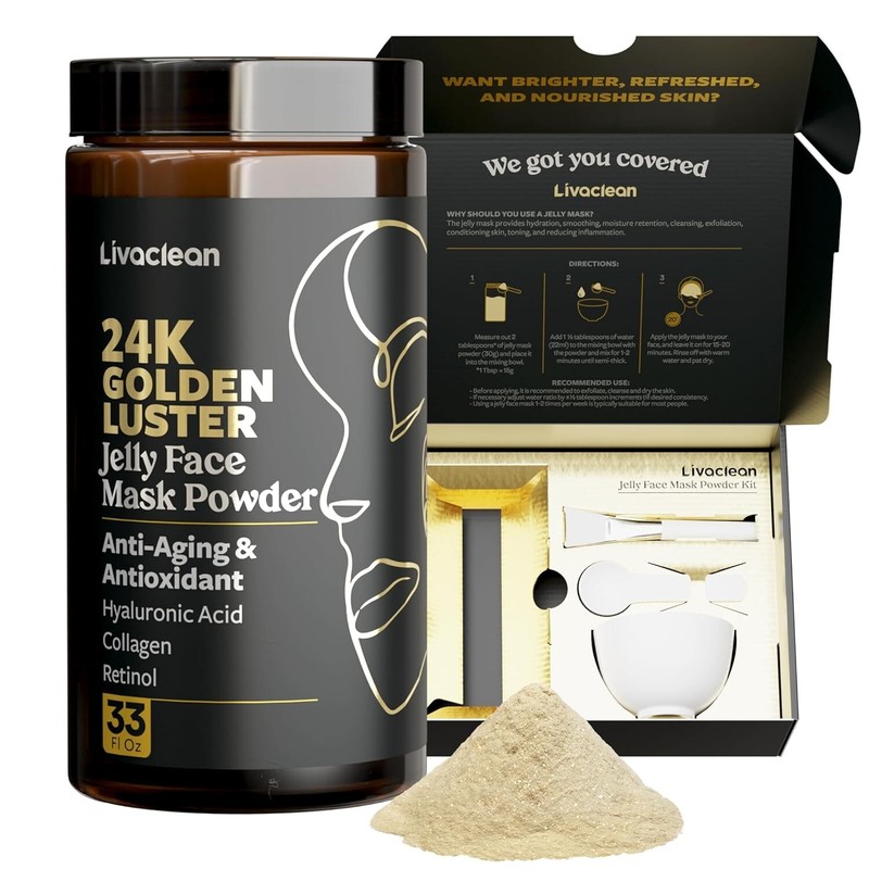 LivaClean 24K Golden Luster Powder Jelly Mask Kit, Anti-Aging, Retinol- 33 Fl Oz
