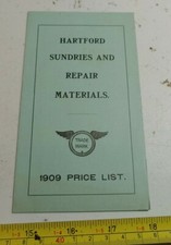Lista de precios publicitarios de colección 1909 Hartford artículos diversos y materiales de reparación bicicleta coche
