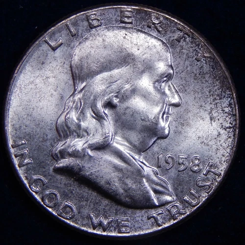1958 P Franklin Half Dollar CH UNC Original Dark Toning Nice Silver Coin!