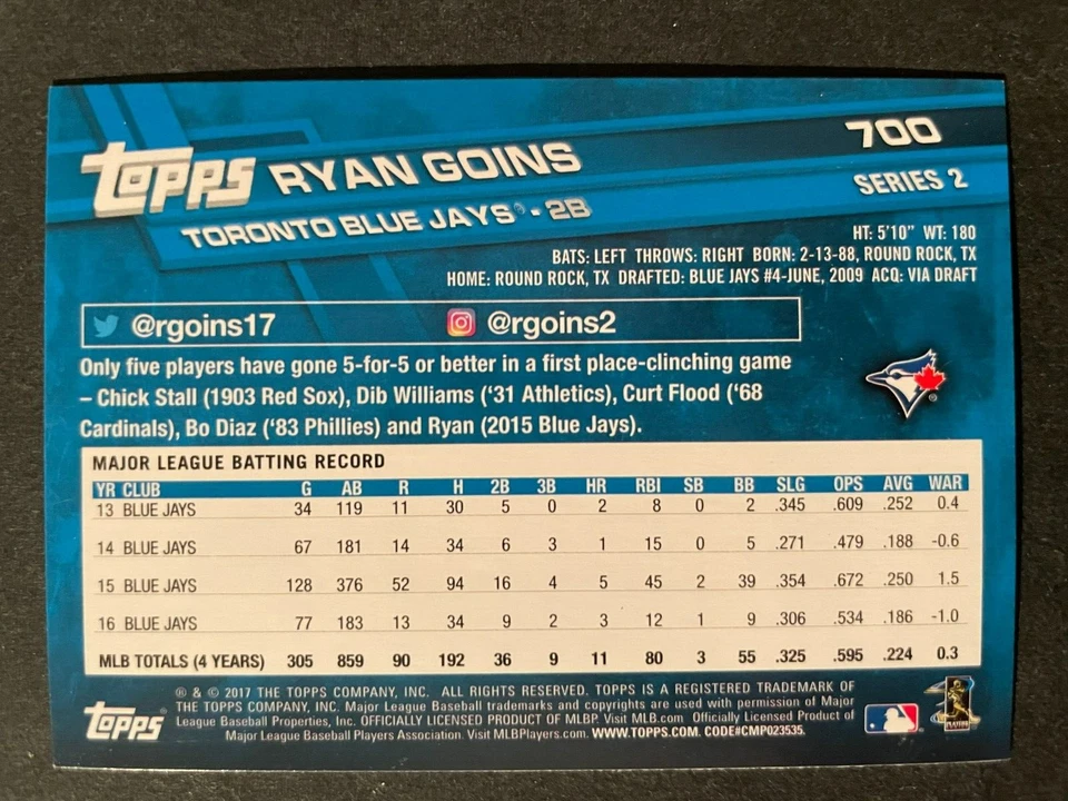Ryan GOINS 2017 Topps Series 2 Baseball #700 Toronto Blue Jays - Image 2 of 2