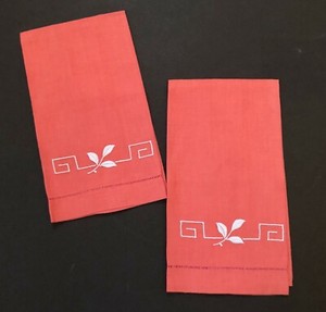 (2) Vintage Linen Red Hemstitched Geo Botanical Embroidered Guest Tea Towels