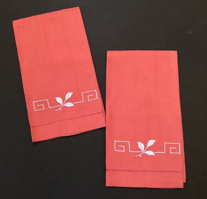 (2) Vintage Linen Red Hemstitched Geo Botanical Embroidered Guest Tea Towels