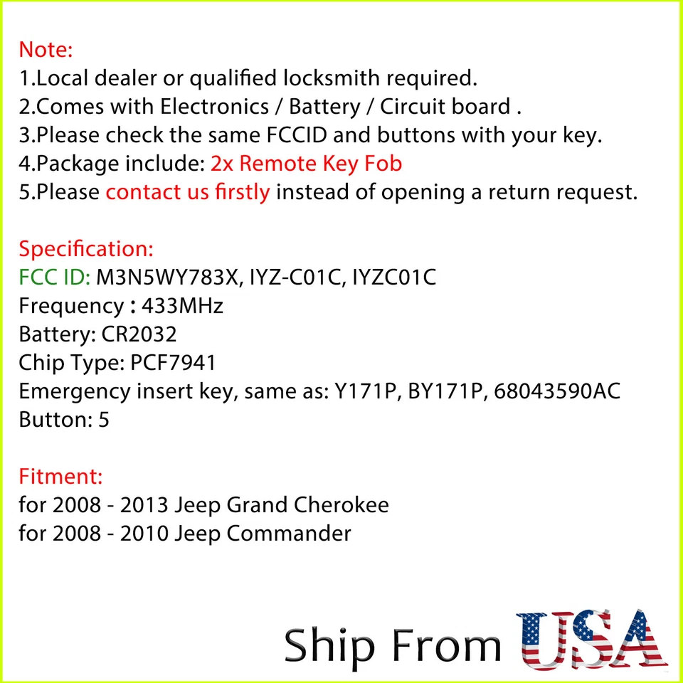 2 For 2008 2009 2010 2011 2012 2013 Jeep Grand Cherokee Remote Key Fob IYZ-C01C - Image 2 of 4