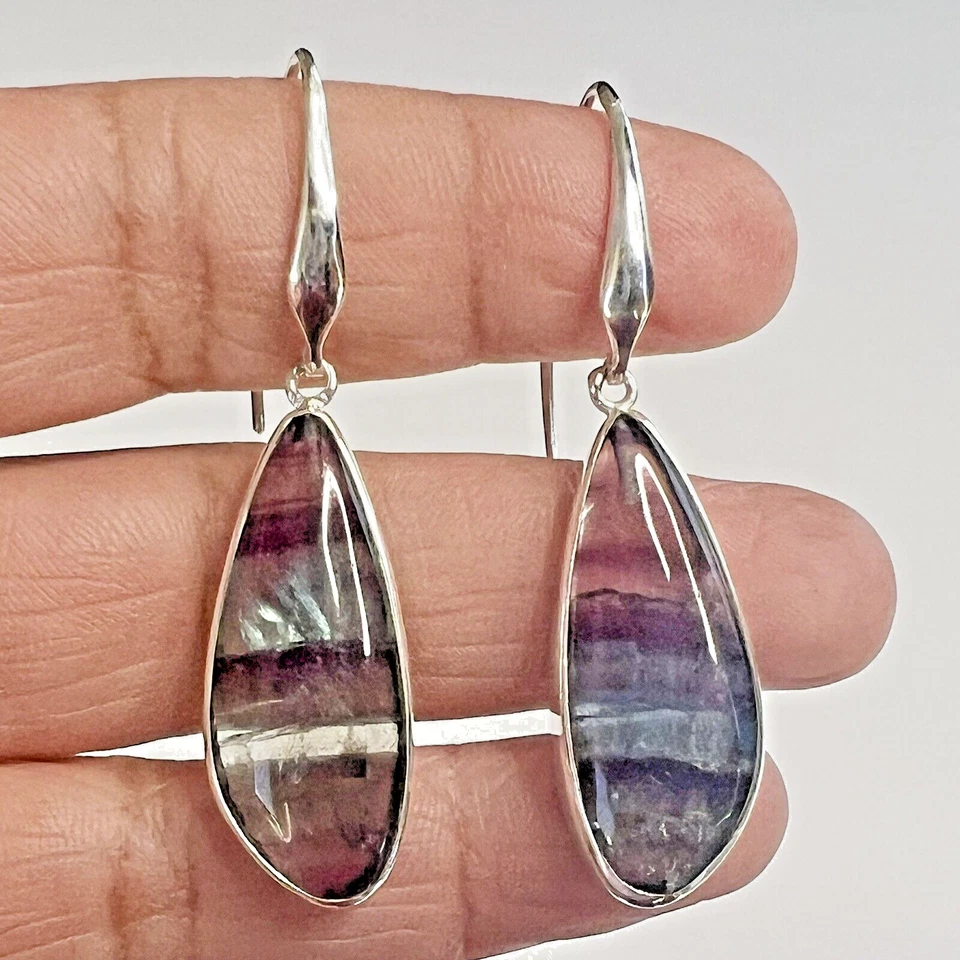 Pendientes colgantes de plata de ley 925 con cristal fluorita púrpura arco iris fluorescente Foto 2 de 4