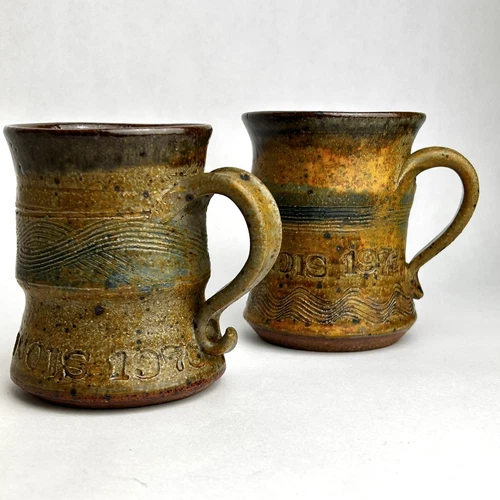 Vintage Handmade Art Pottery Mugs, Drip Glazed Unique Design Set Of Two Signed.