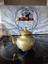 Decorative Solid Brass And Enamel Floral Decorated Indian Wood Handled Teapot
