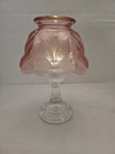 Vintage L E Smith Woodrose Leaf Lustre Pink Glass Fairy Lamp Milk Glass Pedestal