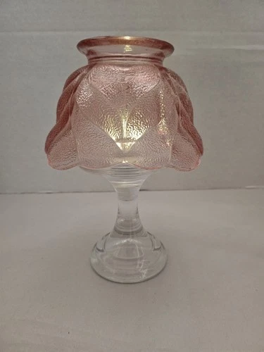 Vintage L E Smith Woodrose Leaf Lustre Pink Glass Fairy Lamp Milk Glass Pedestal