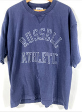 Vintage 80s Russell Athletic T Shirt Blue Spellout Arch Logo Size L Pro Cotton