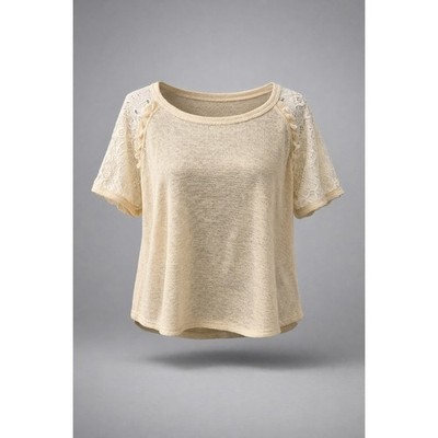 7th Ray Womens Large Beige Knit Top White Lace Raglan Sleeve Ruffle T-5864 Boho