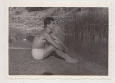 Handsome Young Man Shirtless By The River Gay Int Bulge Trunks Photo