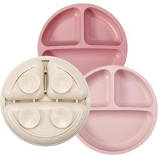 3 Pack Toddler Plates with Suction Base Divided Silicone Baby Feeding Dish Set