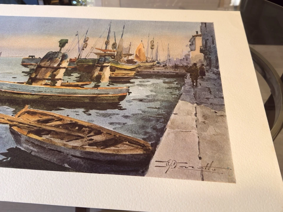 Pintura en acuarela de la escena de barcos de puerto Foto 2 de 4