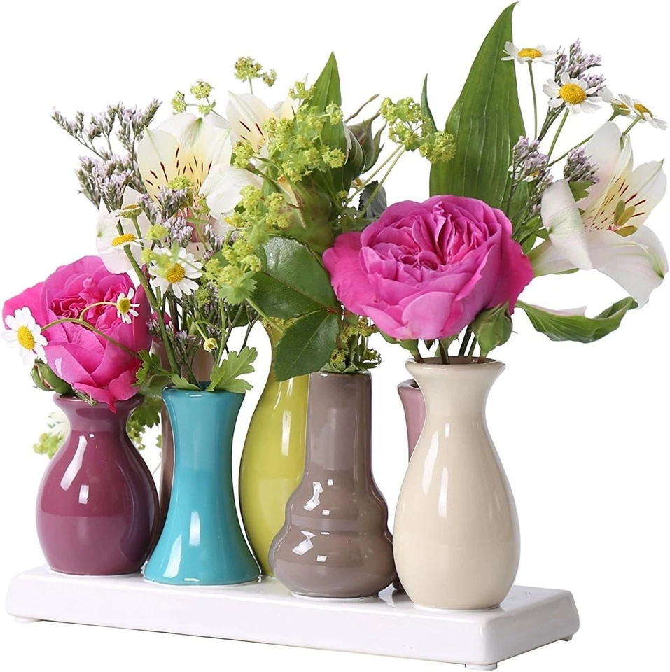 Jinfa Vasenset aus 7 bunten kleine mini Keramik Vasen Blumenvase Deko auf Sockel - Bild 4 von 4