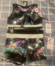 JUSTICE GIRLS Sz L 12/14 REVERSIBLE SPORTS BRA MULTICOLORED WITH SHORTS NWT