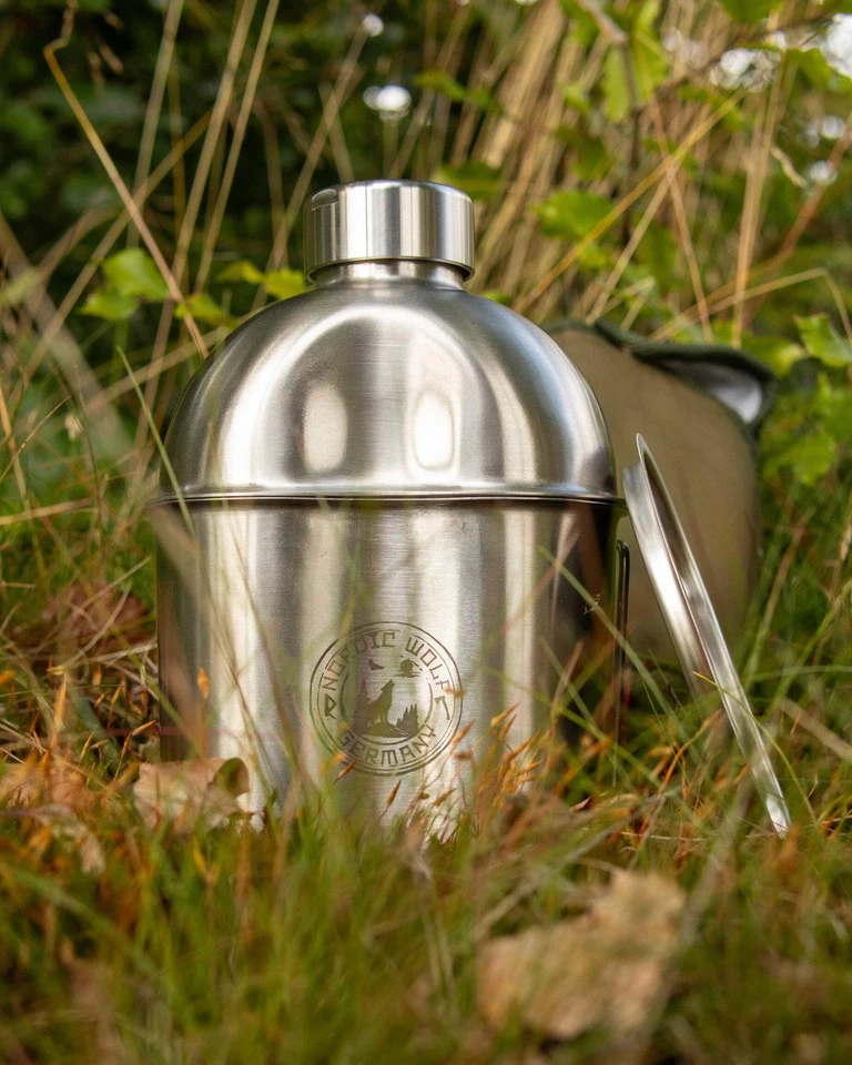 Feldflaschen-Set Edelstahl 1,2 Liter mit Topf und Deckel - Inkl Tasche Bushcraft - Bild 2 von 4