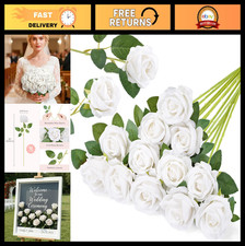 12 Pcs White Artificial Silk Roses - Long Stem Fake Flowers for DIY Wedding Bouq