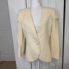 Vintage 1980s Nolan Miller Blazer Ivory 10 Wool Crep Beaded Embroidered