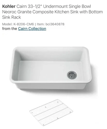 $355 Kohler 8206-CM6 Cairn 33-1/2" Undermount Kitchen Sink w/ Bottom Sink Rack