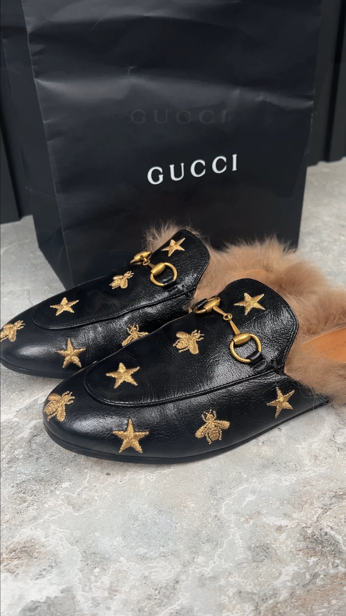 Gucci Princetown Horsebit Slipper Fur Mule Embroidered Bees Star