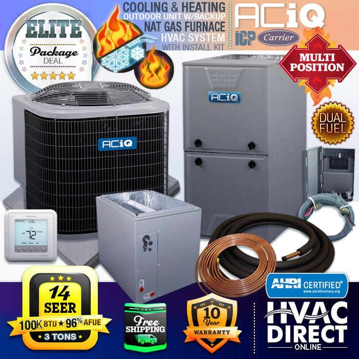3 Ton ACiQ by Carrier 14 SEER 96% 100K BTU Gas Furnace u0026amp; AC + Heat  System | eBay