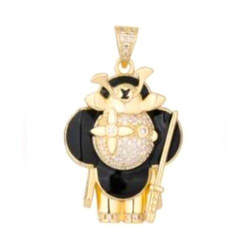 14K Gold Samurai Flower Doll Micro Pavé Iced Out Bling Drip Hip Hop Necklace