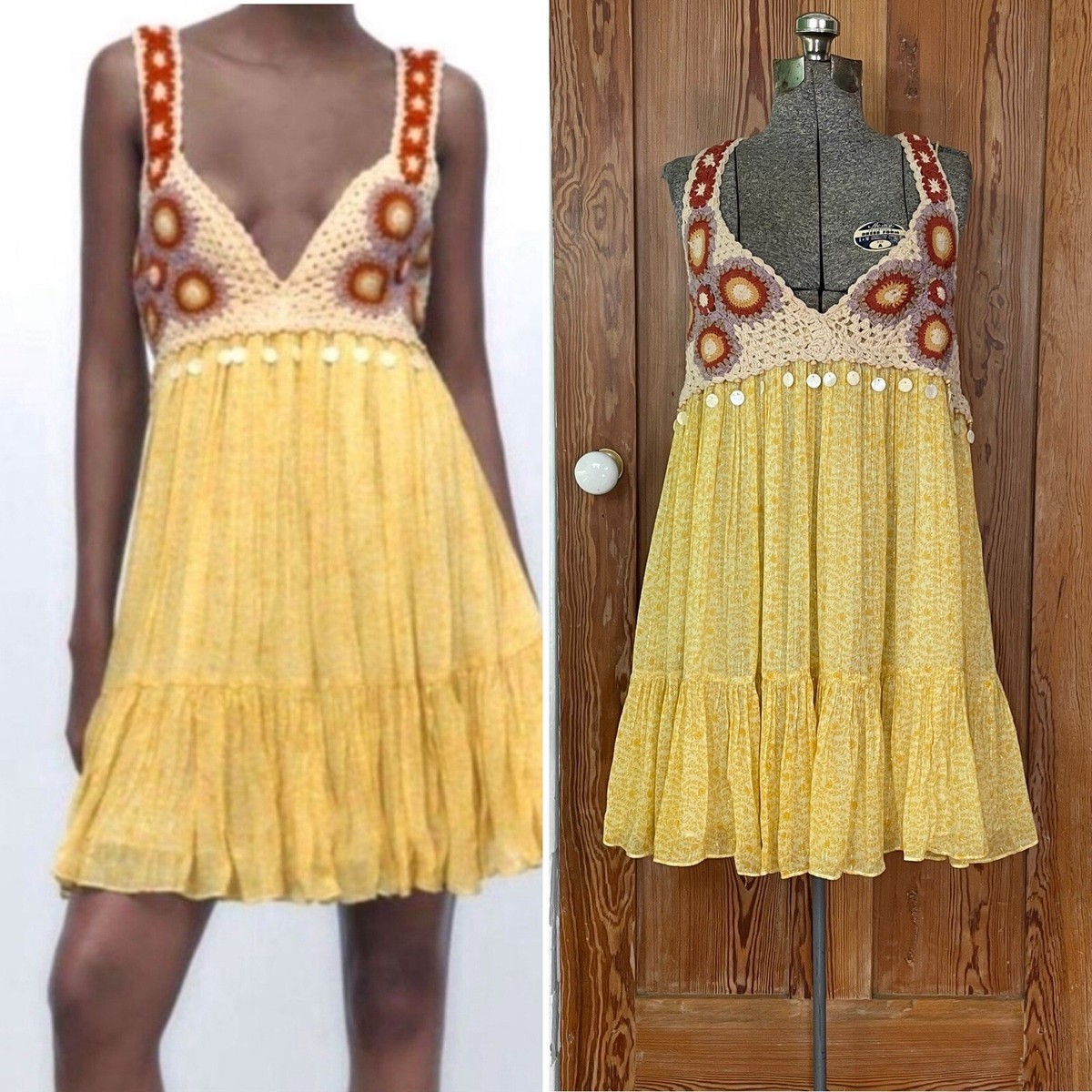 Zara Limited Edition Crochet Dress Deep V-Neck Ruffled Shell