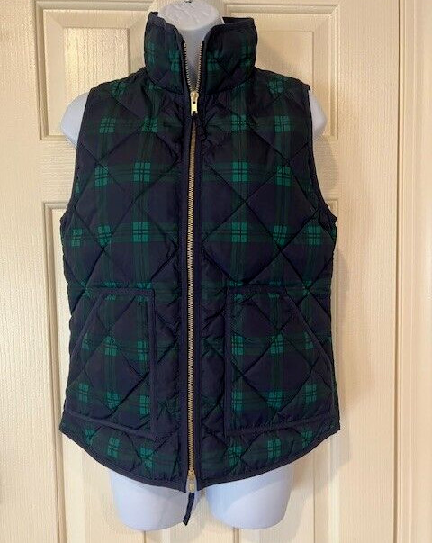 J. Crew Women's XS Blue Green Tartan Plaid Quilted Puffer Vest Full Zip
