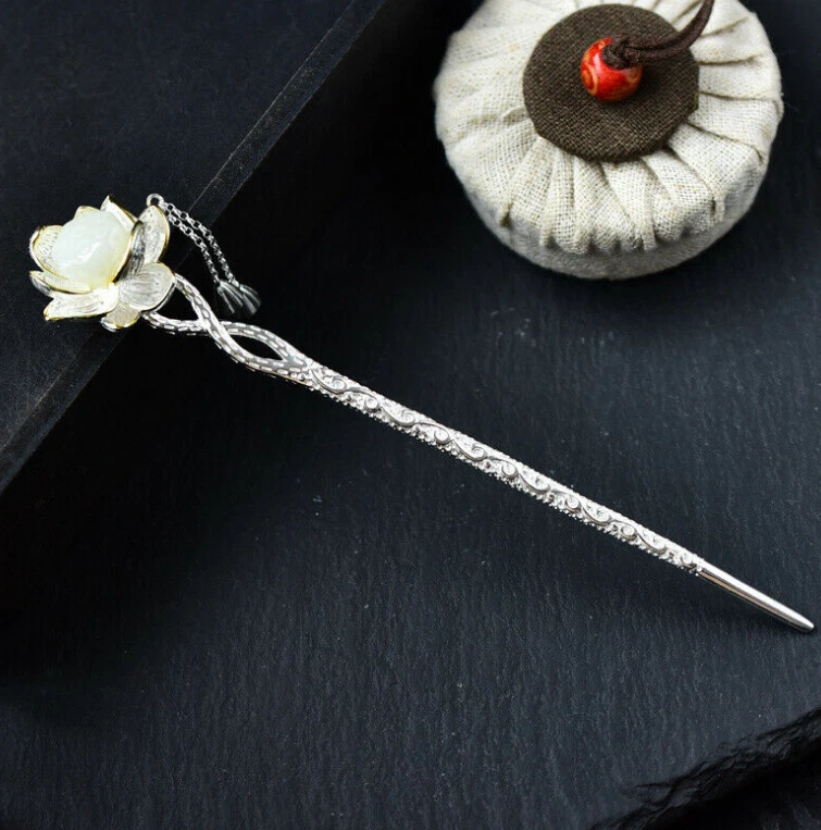 Hot Retro Silver  Chinese Hetian Jade Lotus Hairpin Hanfu Hair Stick - Image 3 of 4