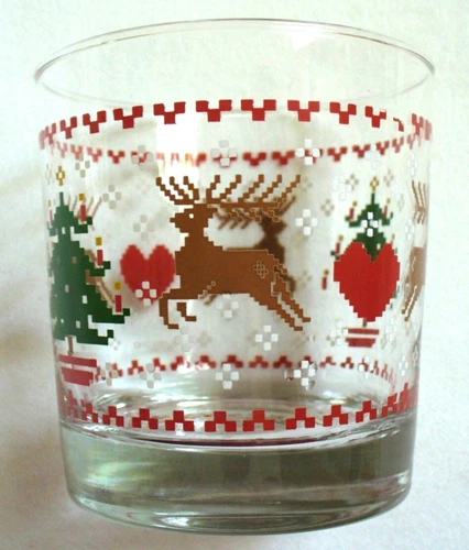Vint~1984~ANCHOR HOCKING~Reindeer~HEARTS~Christmas Trees~CLEAR~Rock~JUICE~Glass
