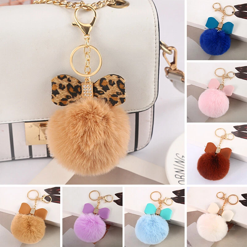 Faux Rabbit Fur Pom-pom Key Chain Bag Fluffy Puff Ball Bow Key Ring Car  Pendan