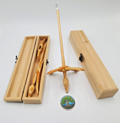 Kreuzspindel in Holzbox schöne Handspindel aus Carolina Yellow Pine Wollspindel
